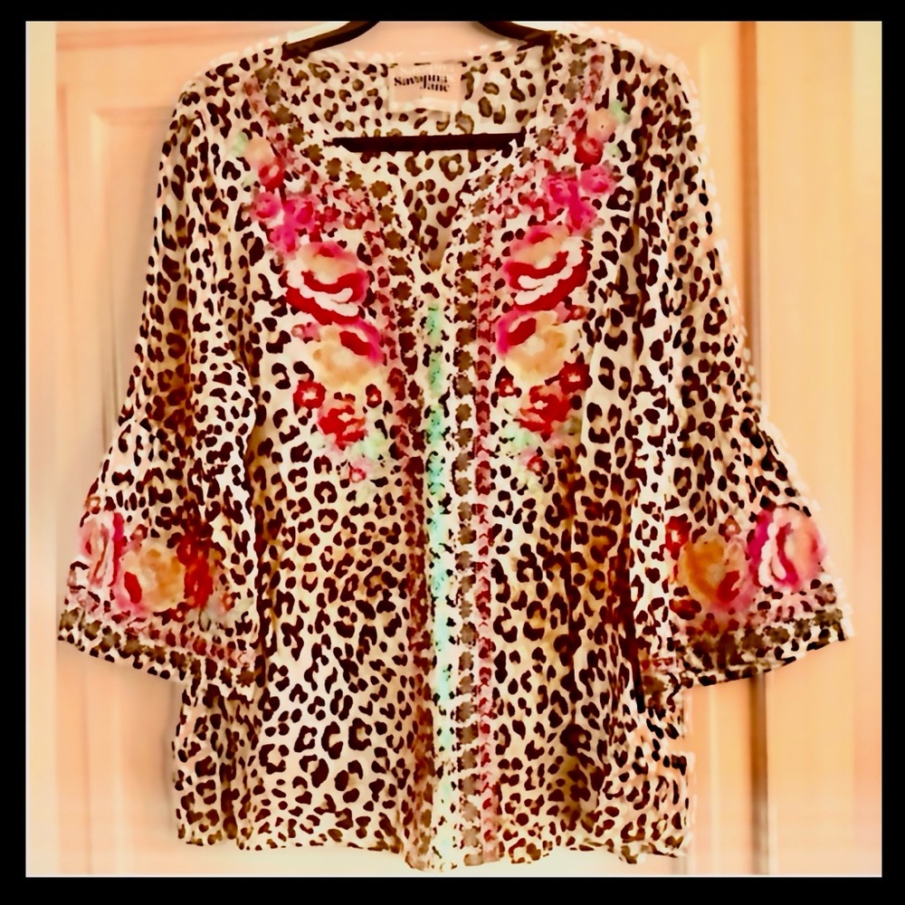 Savanna Jane Leopard Print Embroidery Blouse Tan Brown Pink Cream NEW with Tag